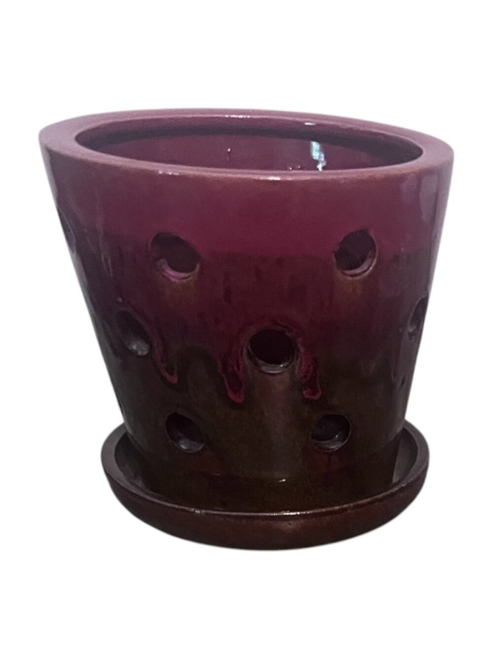 Studio Pottery Drip Glaze Orchid Planter Cachepot Burgundy Brown 5 Inch